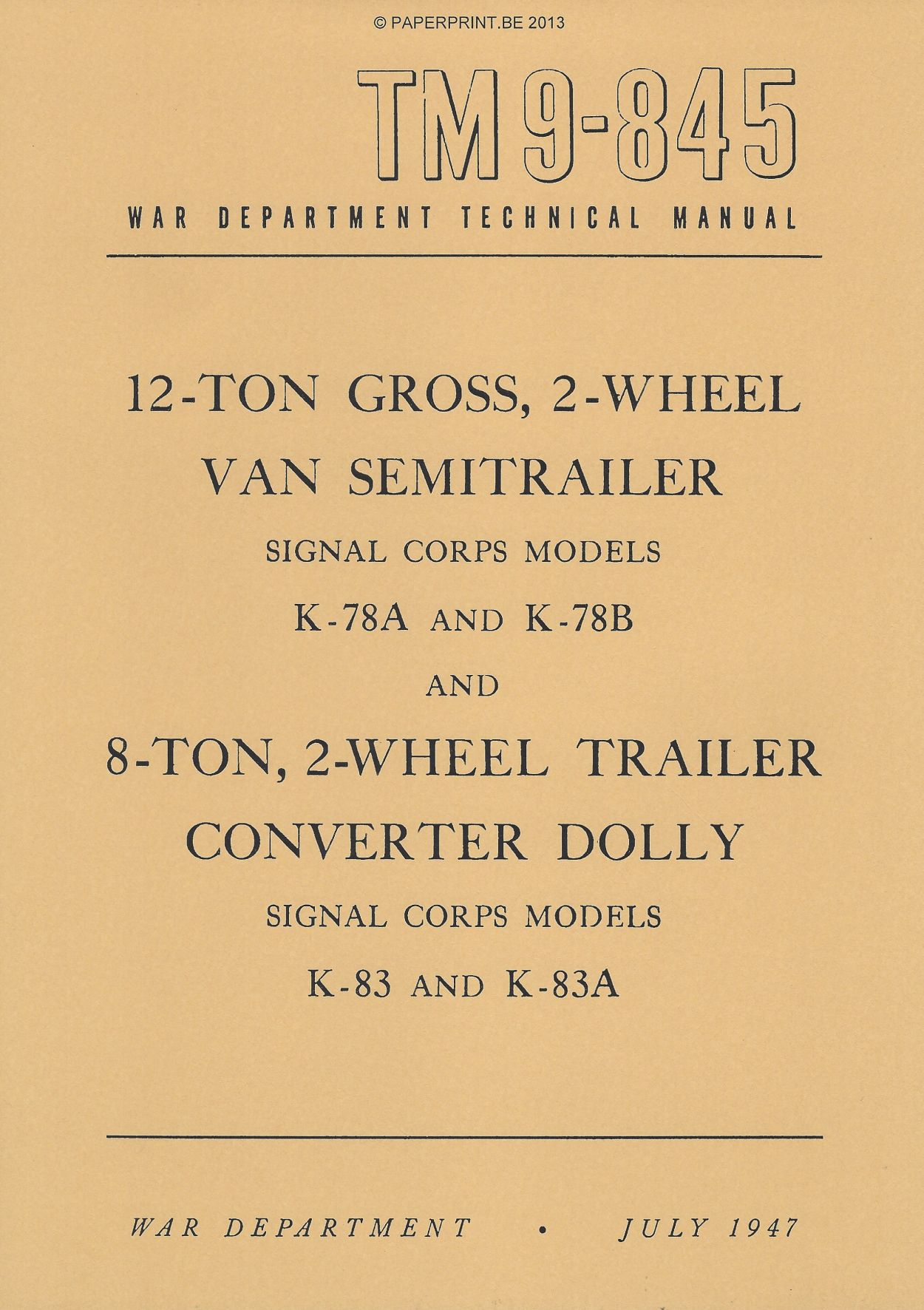 TM 9-845 US 12-TON GROSS, 2-WHEEL VAN SEMITRAILER AND 8-TON, 2-WHEEL TRAILER CONVERTER DOLLY